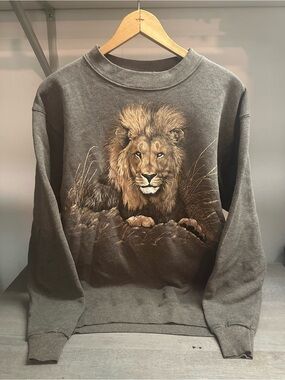 Vintage Lion Nature Graphic Print Brown Sweatshirt Oneita 50/50 Size Medium